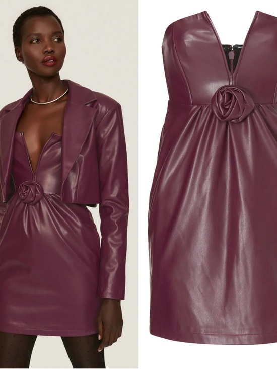 Ashley Park Dresses & Skirts - Ashley Park Voila Vegan Leather Mini Dress 12 Plum Strapless Rose Bow RTR
